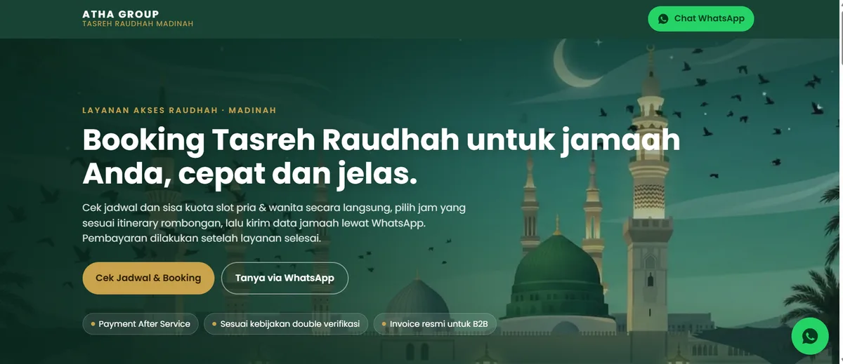 Halaman booking Tasreh Raudhah untuk jamaah, Atha Group